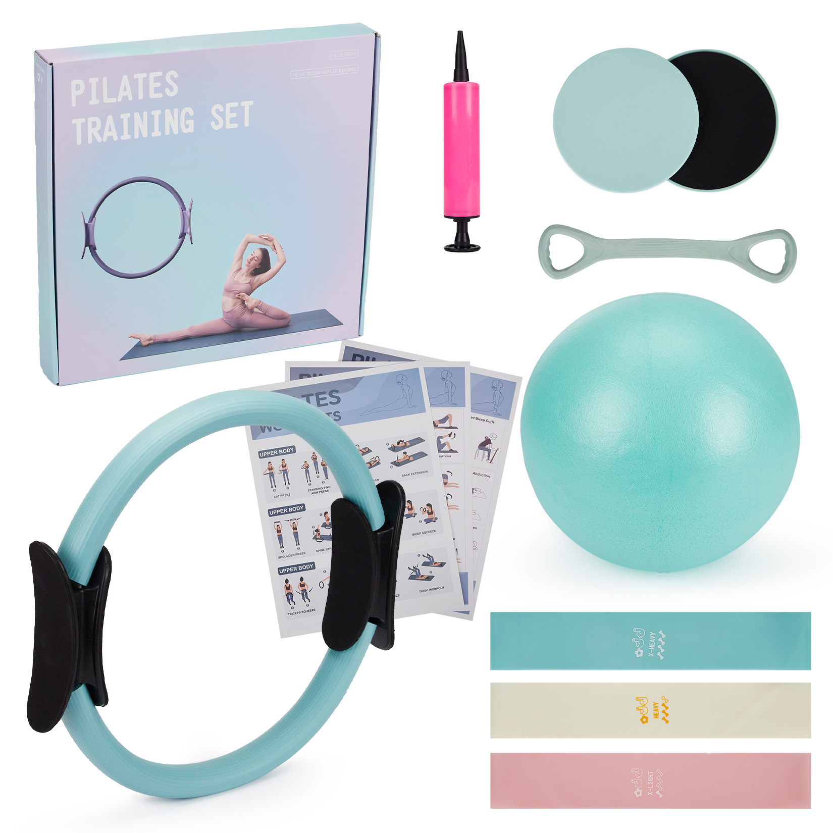Pilates Yoga Tone - ピラティス トレーニングセット、6-in-1 ピラティスリング、エクササイズボール、レジスタンスバンド、コアスライダー、トーニングバー、ホームジムヨガフィットネス用ワークアウトガイド